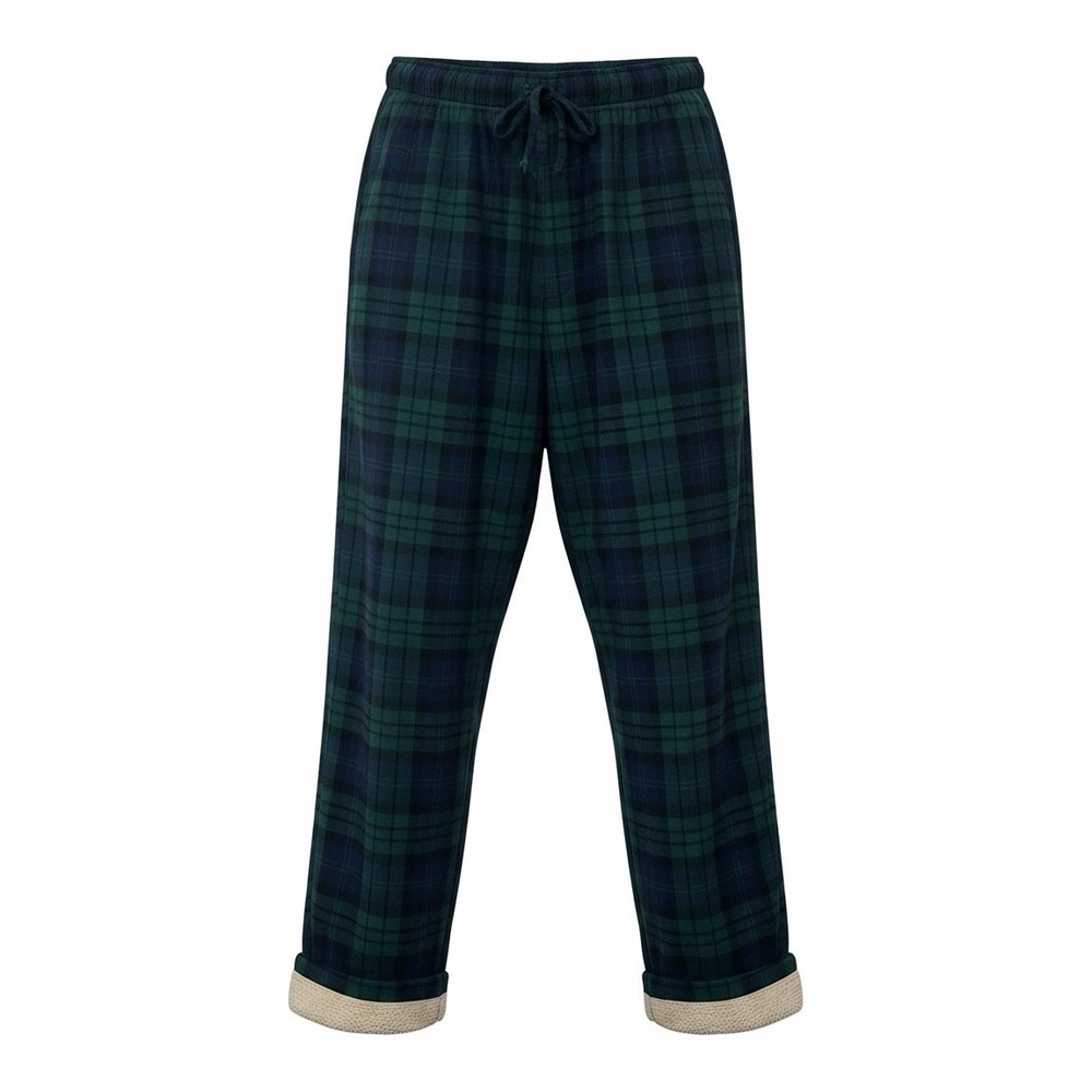 Lands End Mens Large Sherpa Lined Flannel Plaid PJ Sleep Lounge Pants Blue Green